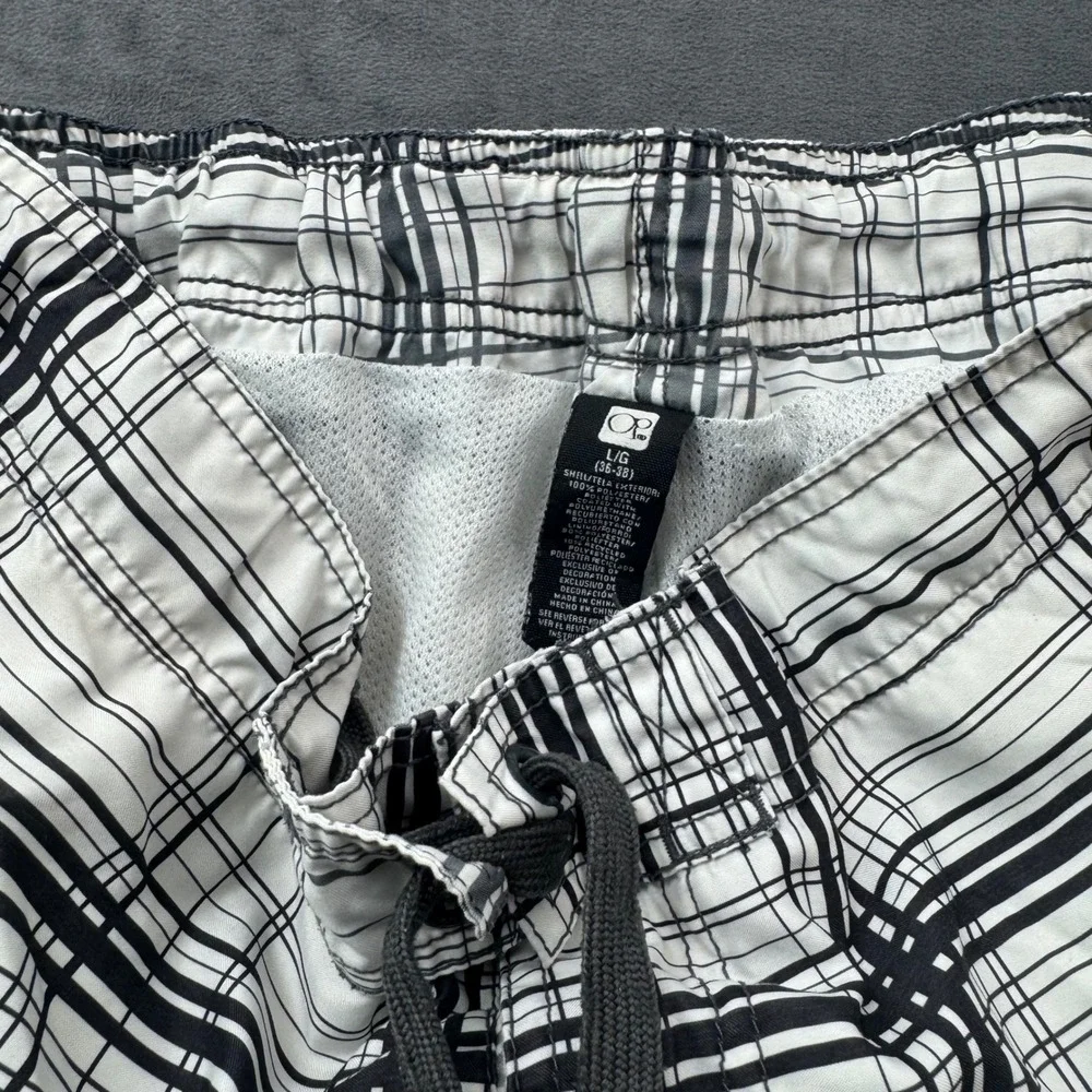Ocean Pacific Mens Plaid Board Shorts White Black Grey Cargo Pocket Large 36-38
